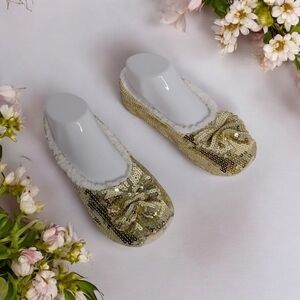 SNOOZIES SLIPPERS GOLD WOMENS SHOE SIZE 5-6 BALLERINA BLING NWT‎